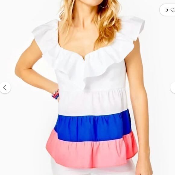 NWT Lilly Pulitzer Emie Ruffle Top Resort White Borealis Blue Lillys 16 - Picture 2 of 3